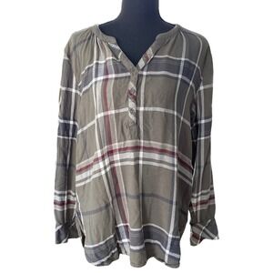 Universal Thread Plaid Henley Shirt Womens L Green Casual Cottagecore Fall Basic